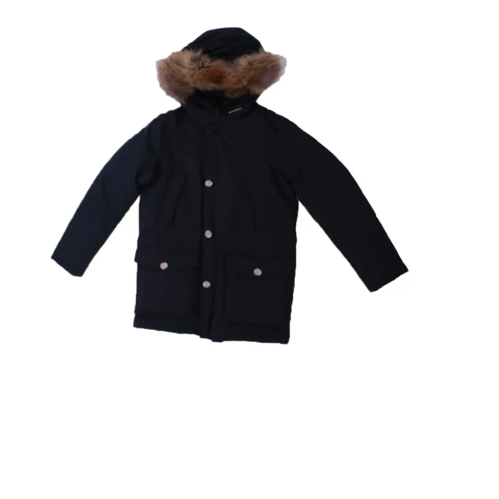 Blå hettejakke med pelskrage