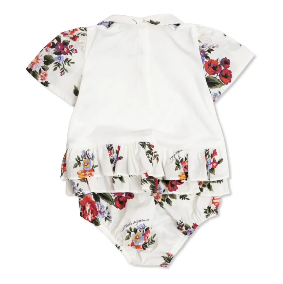 Blomsterbukett-trykt jersey- og poplin-romper