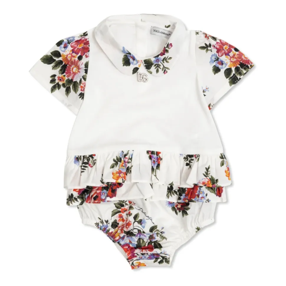 Blomsterbukett-trykt jersey- og poplin-romper