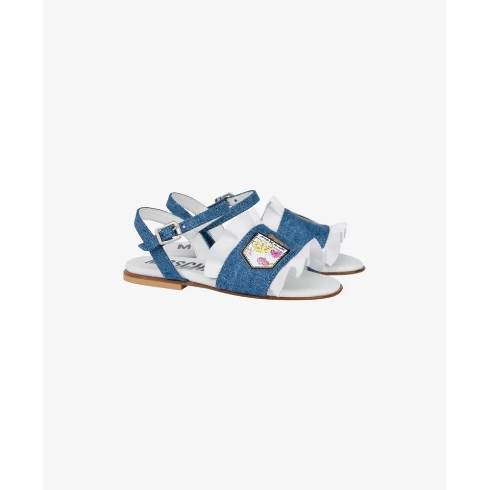 Flate denim sandaler med volanger