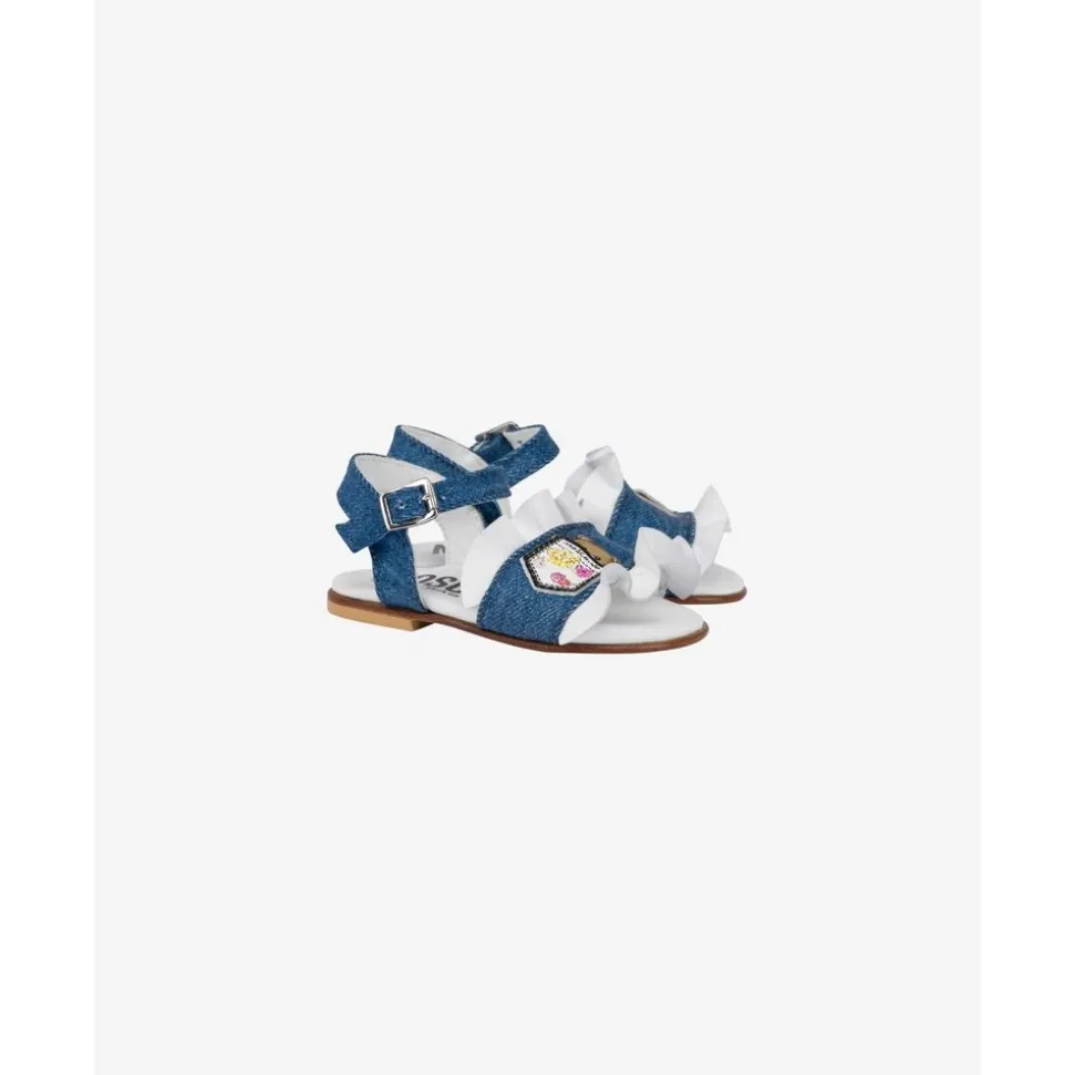 Flate denim sandaler med volanger