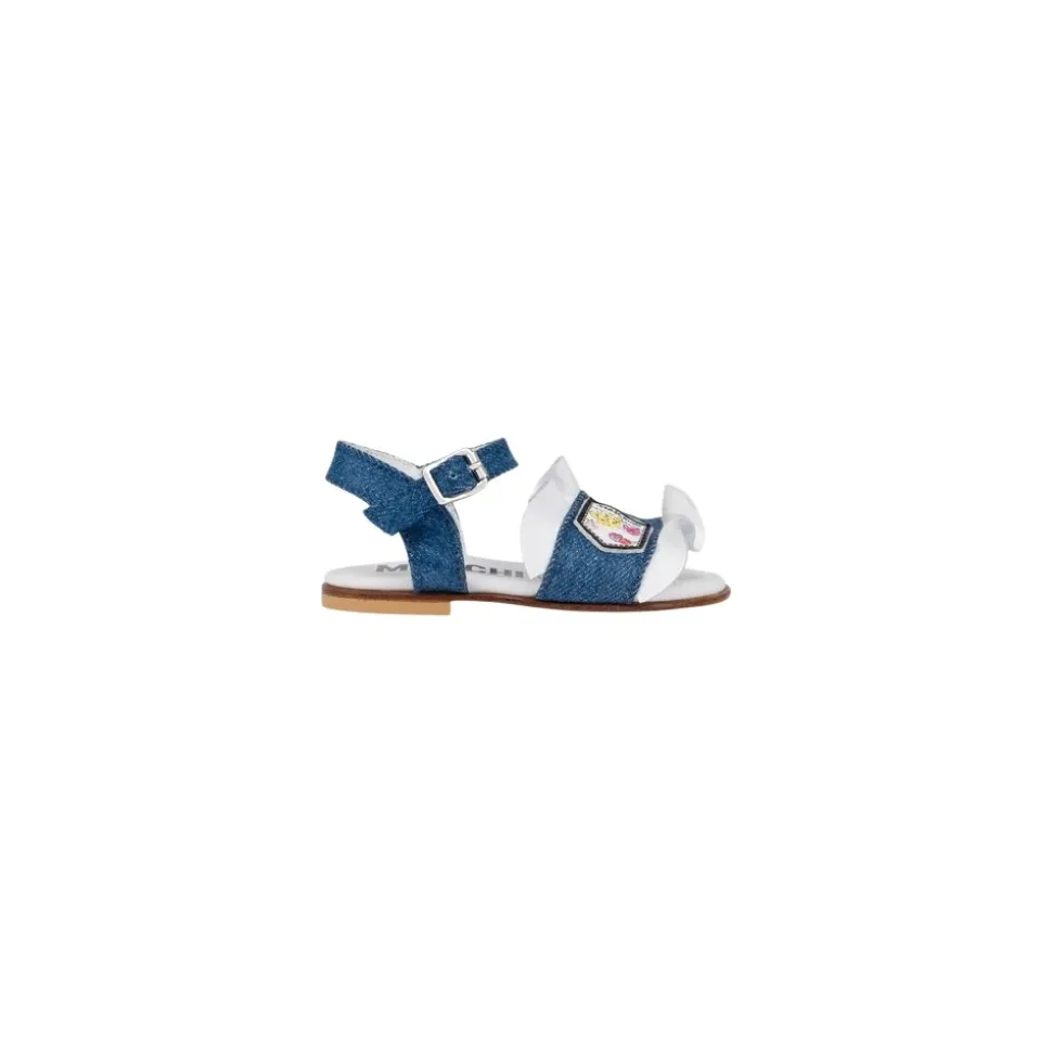 Flate denim sandaler med volanger