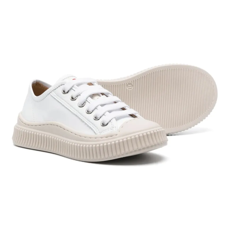 Hvite Skinn Sneakers Rund Tå Gummisåle
