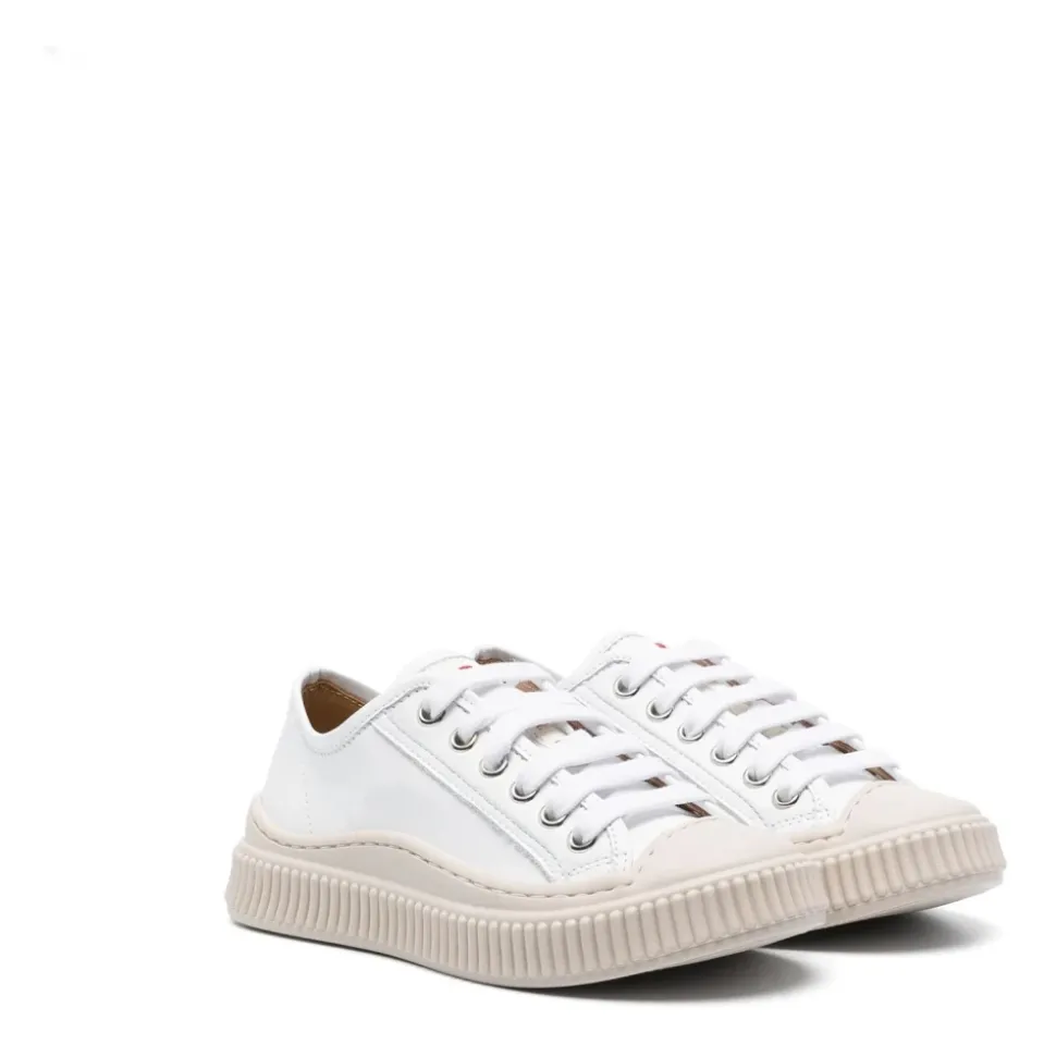 Hvite Skinn Sneakers Rund Tå Gummisåle