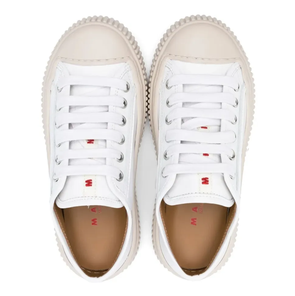 Hvite Skinn Sneakers Rund Tå Gummisåle