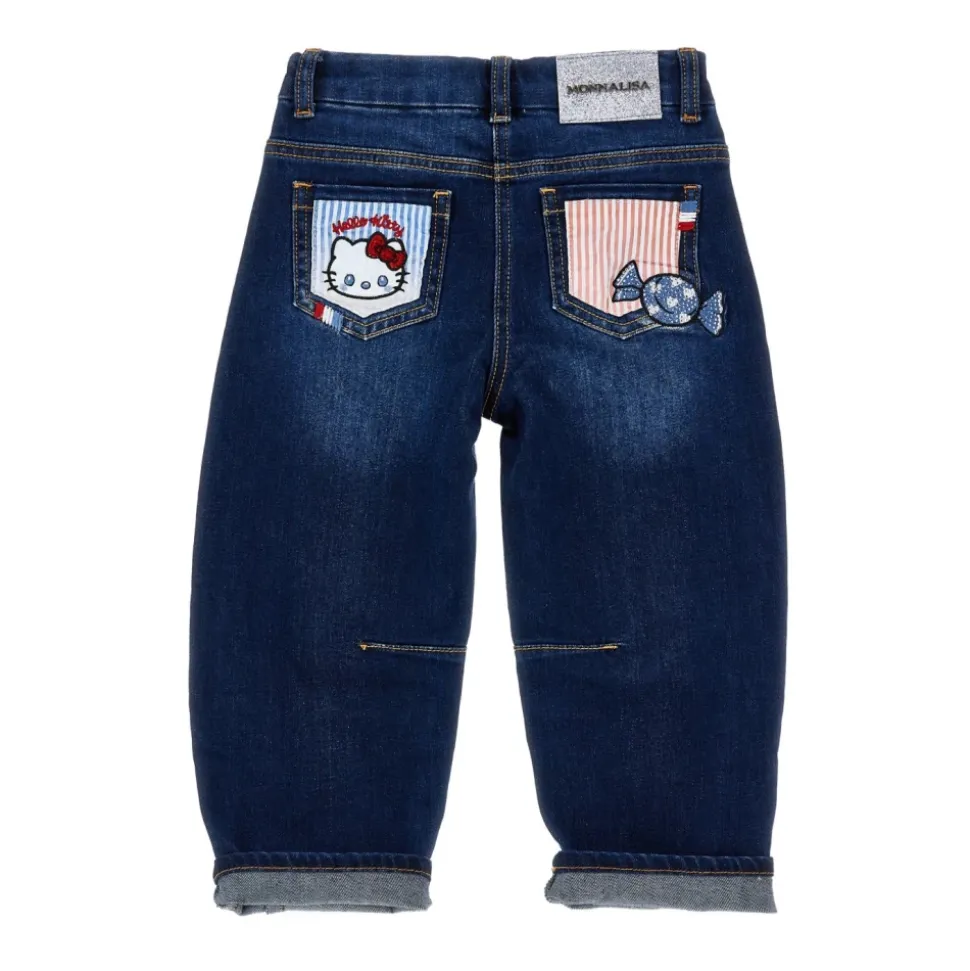 Jeans med Hello Kitty-applikasjon, frynsete