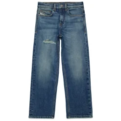 Niebieskie jeansy straight z przetarciami