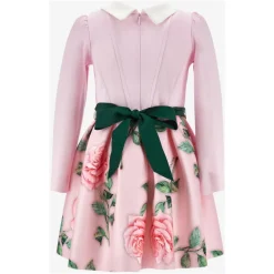 Rose Print Pink Kjole med Puffy Ermer