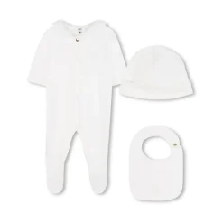 Sett med lue, smekke og fotte onesie med blondekant