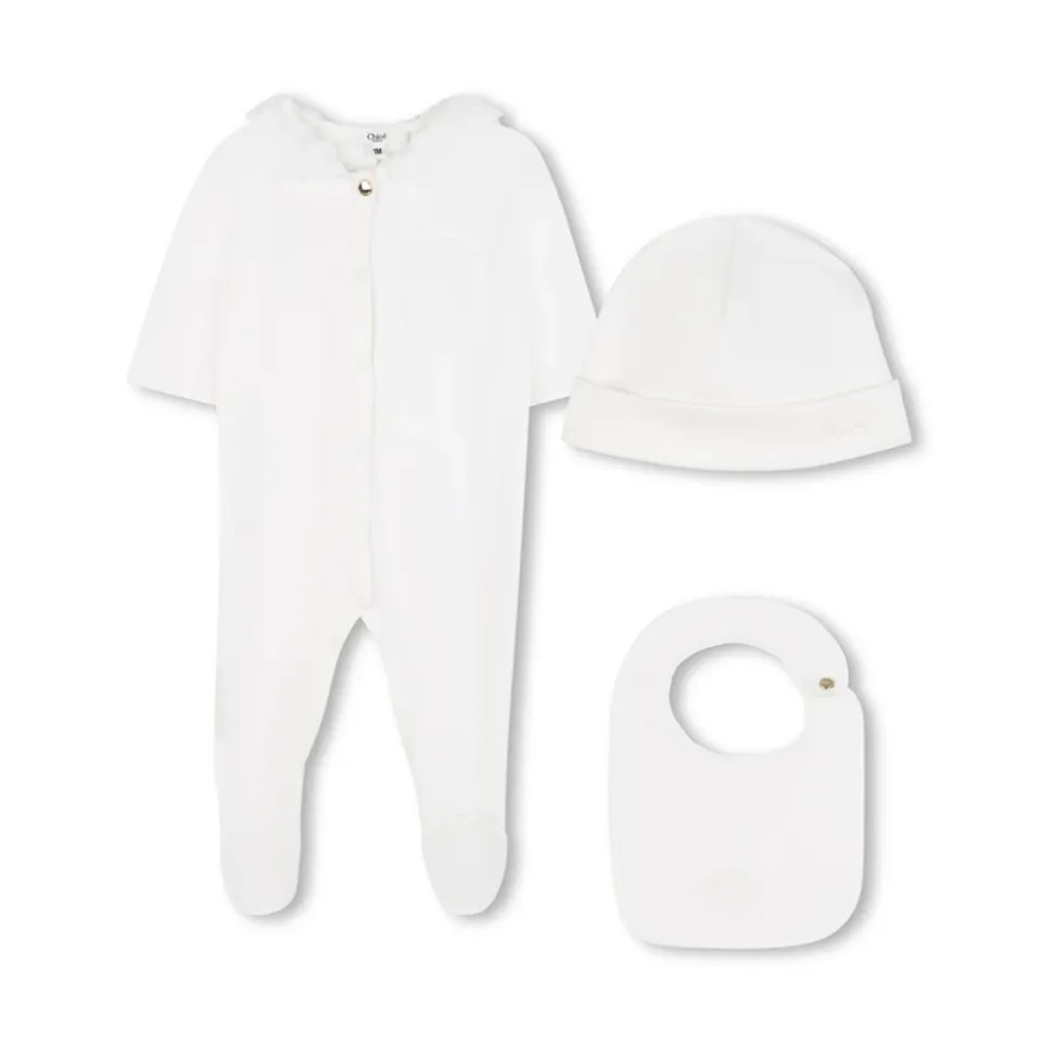 Sett med lue, smekke og fotte onesie med blondekant