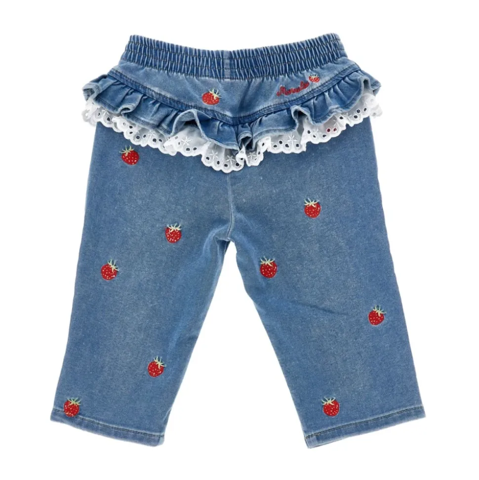 Strawberry-Embroidered Ruffled Jeans