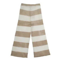 Stripet beige bomulls bukser med perforert design